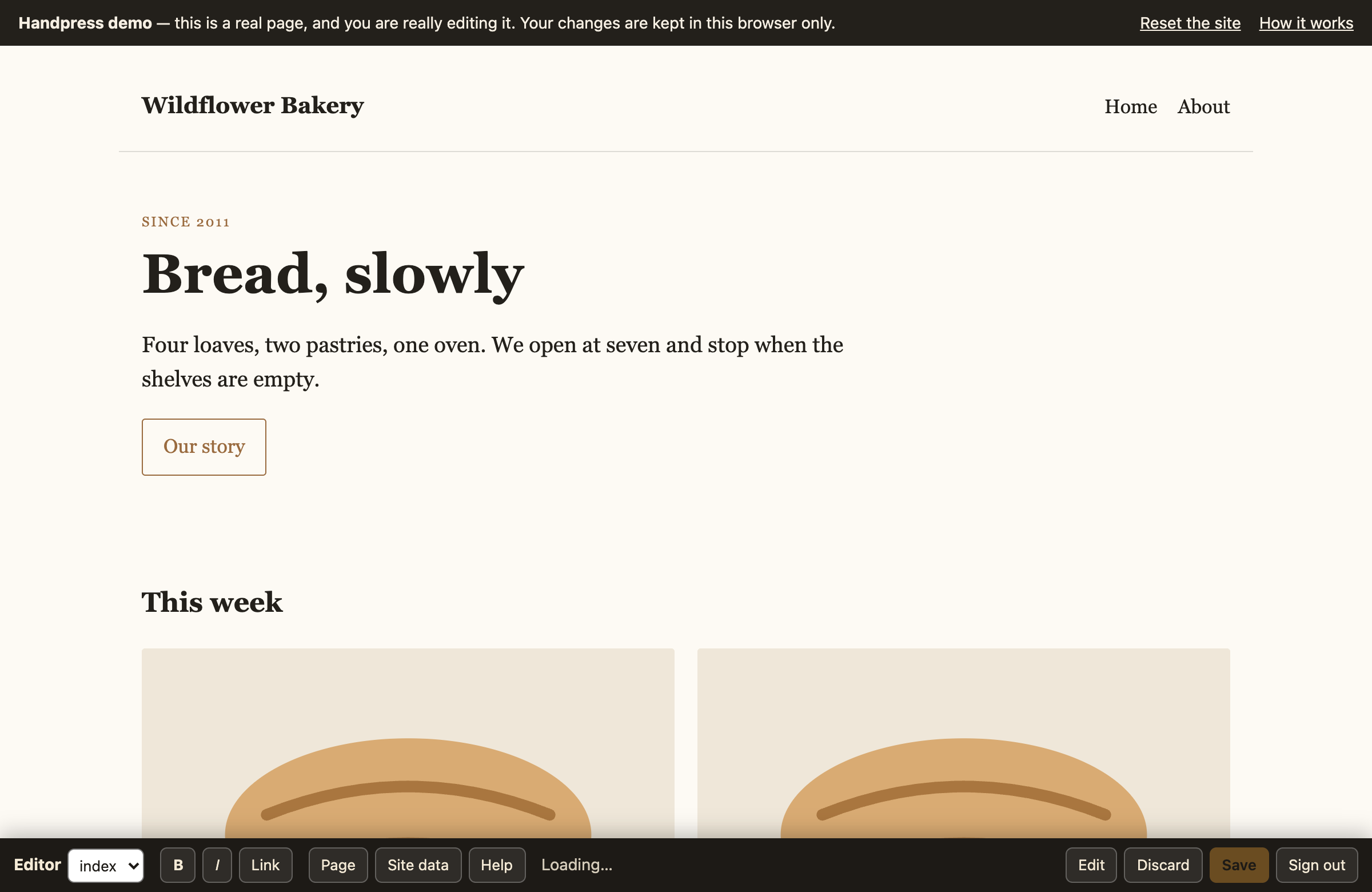 A page of the demo site with dashed outlines around each editable block and an editor bar along the bottom of the window.