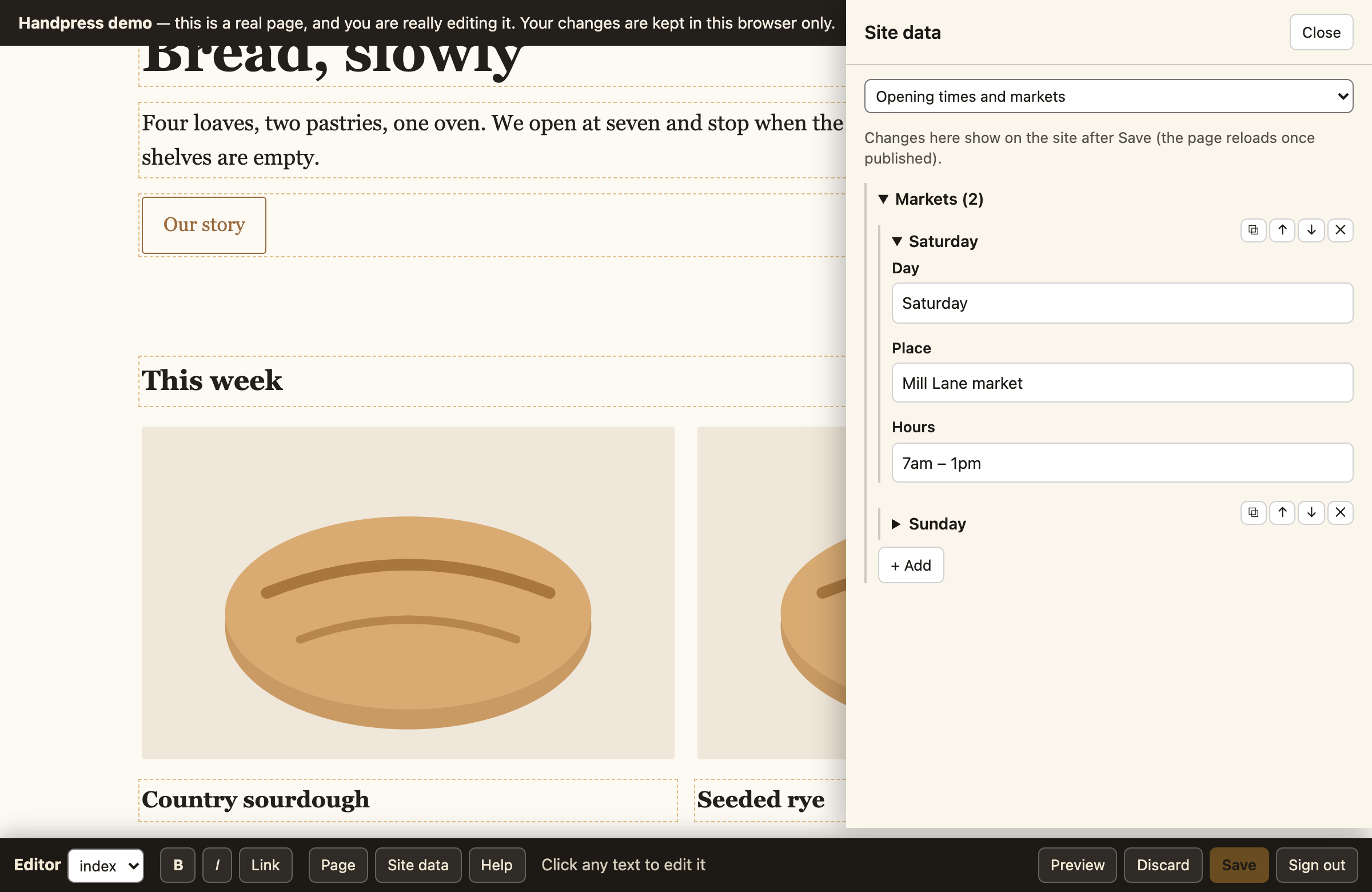 A panel on the right of the page showing a form built from a JSON data file, with fields for day, place and hours.